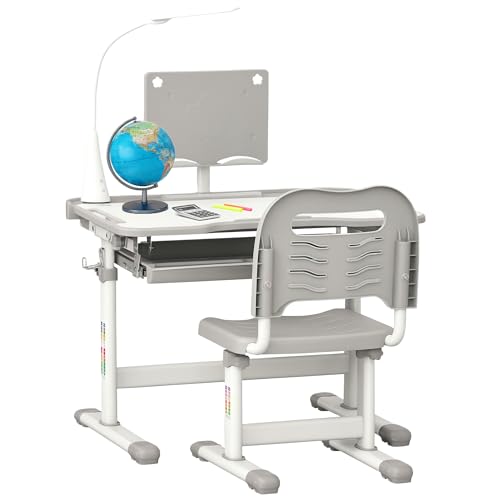 HOMCOM Juego de Escritorio y Silla para Niños de +6 Años Pupitre Infantil Altura Ajustable Escritorio Infantil con Mesa Inclinable Lámpara Cajón y Estante para Libros Gris
