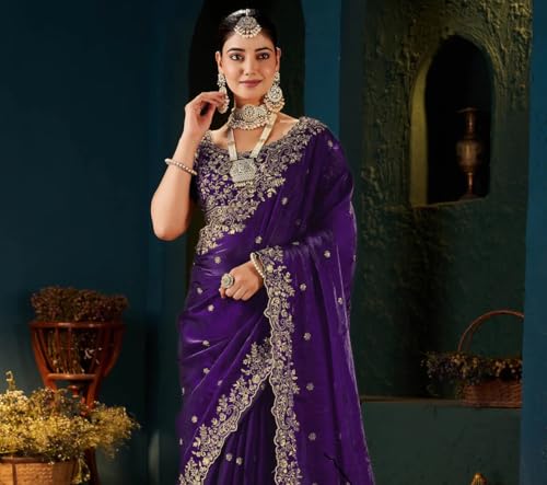 Image of SIRIL Women's Tissue Silk Sequence Embroidery Saree with Unstitched Blouse Piece
