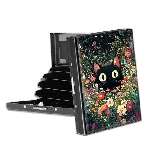 Rfid Blocking Metal Credit Card Wallet–Slim & Durable 6-Slot Card Holder,Stainless Steel Rfid Protection Case for Men & Women,Compact Business Card Organizer,Black Cat Hidden in Flower Bush