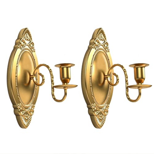 Vrnikhub Gold Candle Sconces Set of Two Brass Color Victorian Royal Wall Sconce Metal Rustic Candle Holder Baroque Home Wall Decor for Living Room Dining Room Bedroom Fireplace Hallway