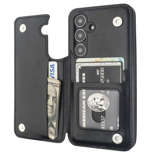 Onetop Compatible with Samsung Galaxy S24 Wallet Case with Card Holder, PU Leather Kickstand Card Slots Case, Double Magnetic Clasp and Durable Shockproof Cover 5G 6.2 Inch(Black)