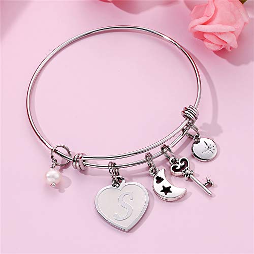 Letter Bracelets Valentines Gifts - Engraved S Womens Initial Expandable Wire Bangle Bracelet With Heart Charm Christmas Valentines Birthday Jewelry Present For Women Teen Girls Bridesmaids Gifts #TOP2