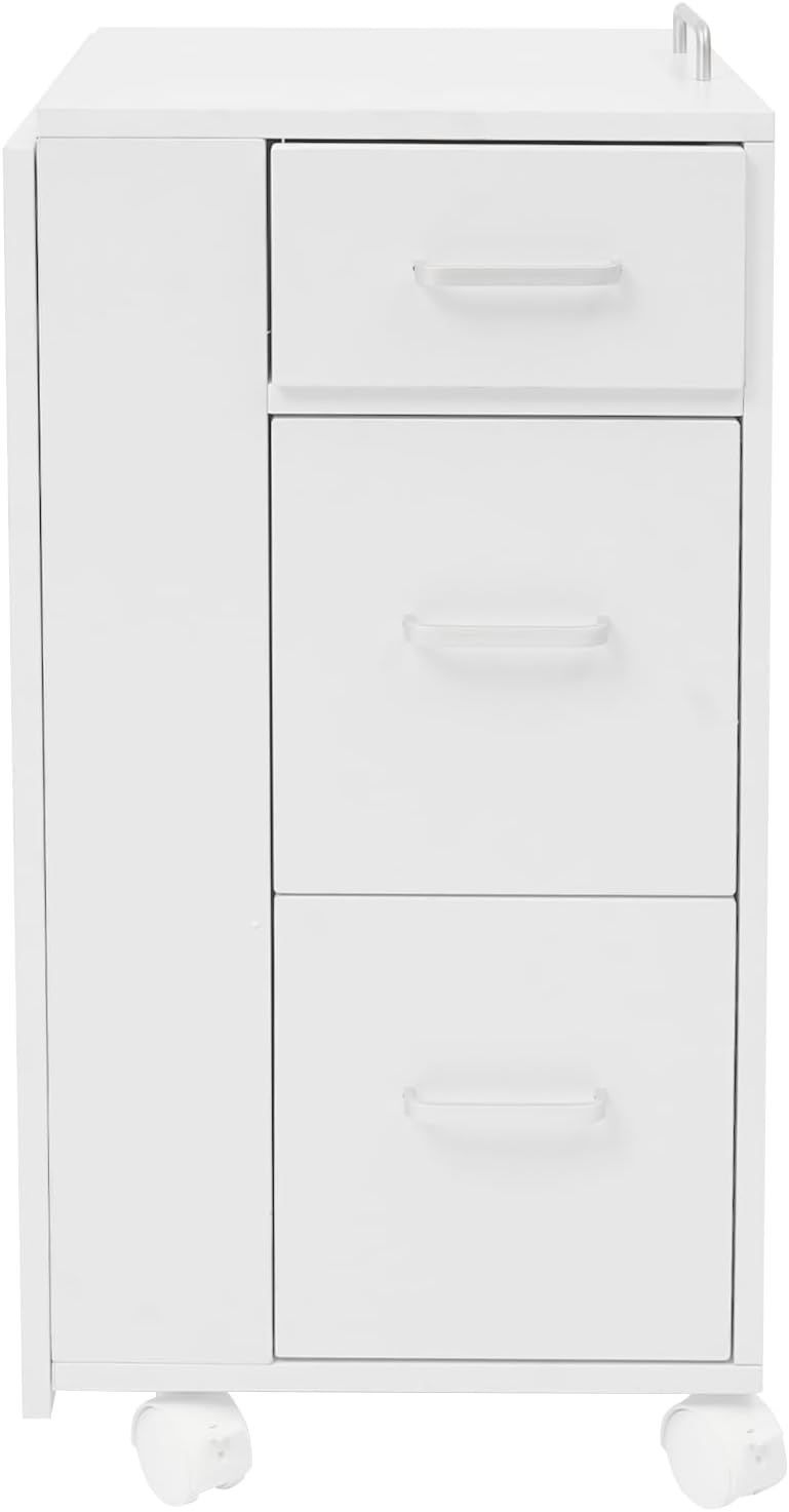 3-Tier Storage Drawers Nail Art Desk, Beauty Salon Station, Rolling Manicure Table with Foldable Top and 4 Lockable Wheels, Mobile Makeup Tables for Small Spaces (White)