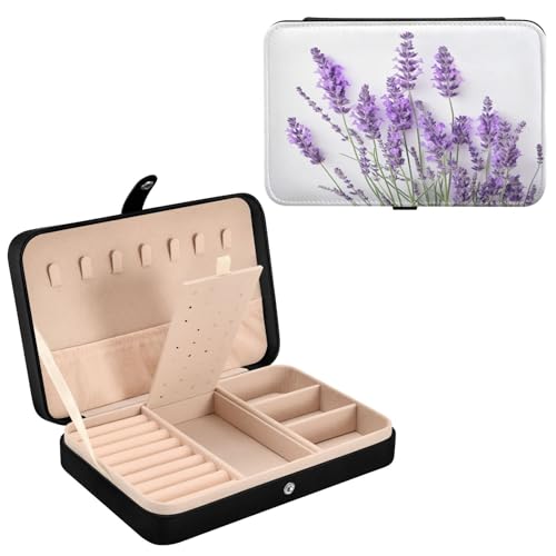 Haskirky Lavender Flower Jewelry Box Portable PU Leather Travel Jewelry Organize for Women Jewelry Storage Display Holder for Ring, Necklace, Earring