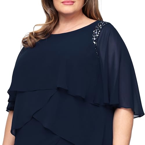 Image of S.L. Fashions Women's Plus Size Tiered Chiffon Cocktail Party Dress with Attached Cape & Beaded Shoulders