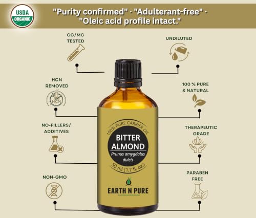 Image of Earth N Pure Bitter Almond Oil for Skin Care, Hair Care & Massage | for DIY, Aromatherapy & Beauty Use | Premium Quality, Cold Pressed, Multi-Purpose Oil 50ml