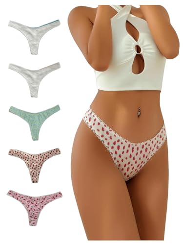 Verdusa Women's 5 Pack Thongs Cute Panties No Show Underwear Low Rise Hipster4