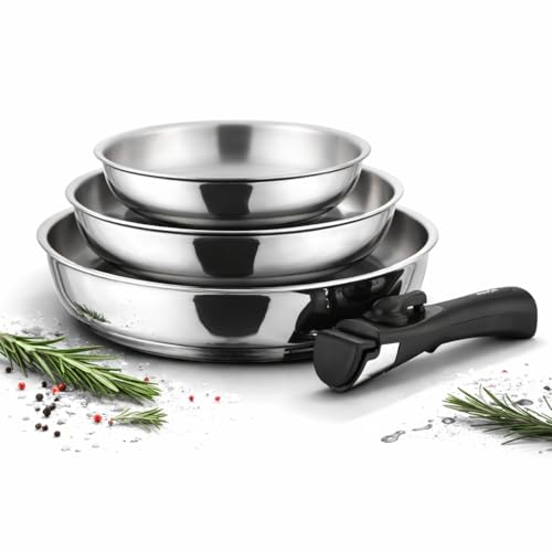 Cflagrant Set 3 Poêles Inox 18/10 avec Manche Amovible – Sans PFAS, Sans PTFE, Sans PFOA – Compatible Induction, Four & Lave-Vaisselle – Poêles...