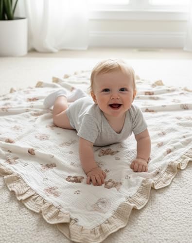 Image of Muslin Ruffled Baby Blanket, Extra Large 52 x 52 Inches, Soft Breathable Cotton Crib Blanket for Newborn Infant Toddler (Mustard Yellow-Ruffled, Printed)