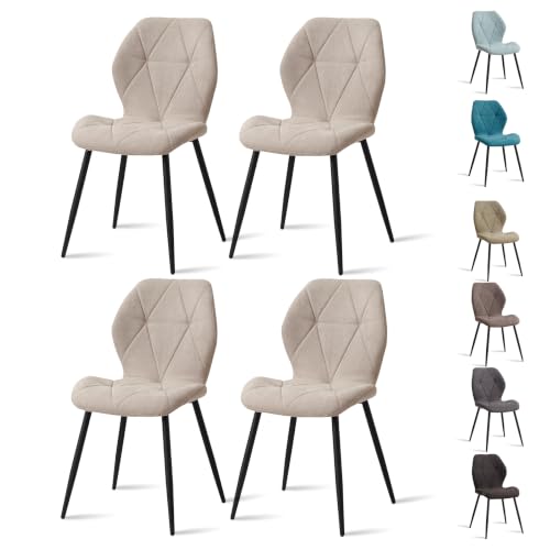 GrandCA HOME Juego de 4 Sillas de Comedor, Sillas de Comedor Tapizadas, Sillas de Cocina Nórdicas, Sillas Acolchadas con Patas de Metal, Cojines de Tela de Rombos, Beige-R