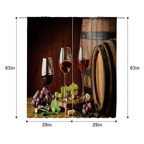 Meshelly Rustic Wine Curtains 29W X 63H Inch Rod Pocket Farmhouse Glasses Of Red Wine Grapes On Wooden Table French Romantic Brown Barrels Printed Living Room Bedroom Window Drapes Fabric 2 Panels #TOP2