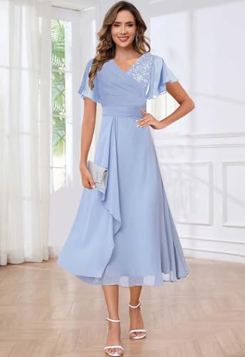 Women's V Neck Short Sleeve Mother of The Bride Dress Tea Length Lace Pleated Ruffle Evening Formal Gown3