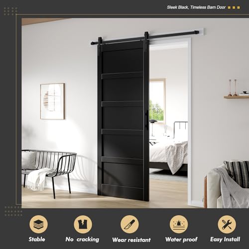 Image of 36x96 inch Black Barn Door,PVC Surface,5-Panel Interior Doors | with 6.6FT MDF Sliding Hardware Kit Included & Handle,DIY Assembly,