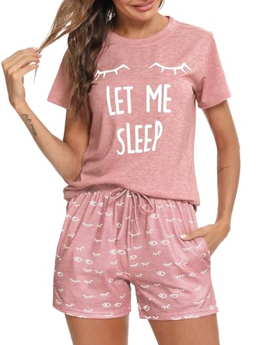 Uniexcosm Schlafanzug Damen Kurz Baumwolle Zweiteiliger Pyjama Set Kurzarm Nachtwäsche Wimperndruck Sleepwear Hausanzug Loungewear Stil 1:Hellrosa-1 M 2
