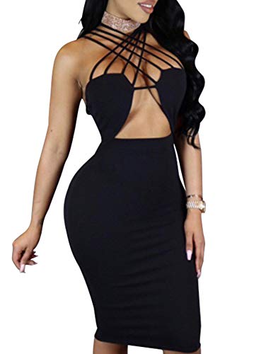 TOB Women s Sexy Bodycon Sleeveless Basic Criss Cross Lace Up Club Midi Dress Black