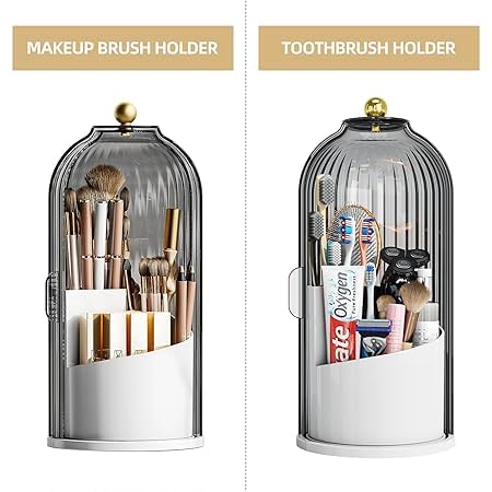 Image of Toothbrush Holder with Lid Bathroom Organizer Countertop, Rotating 3 Slots Electric Tooth Brush Toothpaste Holder Bathroom Counter Stand Sink Organizer Caddy for Vanity Makeup Brushes (Grey)