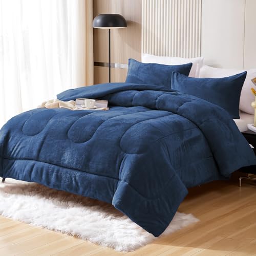 YIYEA Faux Fur Queen Size Comforter Set, Luxury Ultra Soft Fluffy Comforter, Plush Fuzzy Bedding Comforter Sets for Fall Winter, Cozy Warmth, No Shedding, 3PC, Queen, Denim
