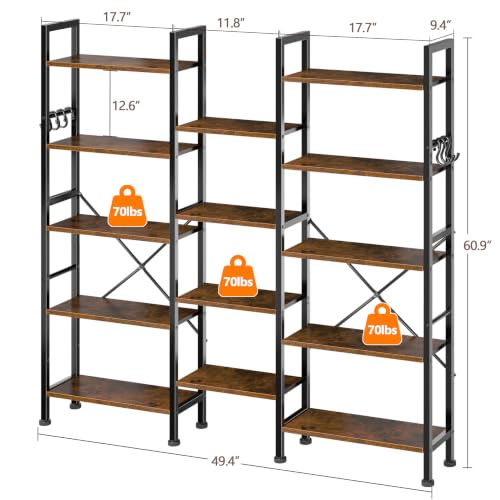 Image of Furologee Triple Column 5 Tier Bookshelf, Large Bookcase with 14 Display Shelves, Adjustable Book Shelf with 6 Hooks, Rustic Bookshelves Storage Organizer, Shelving Unit for Living Room, Bedroom