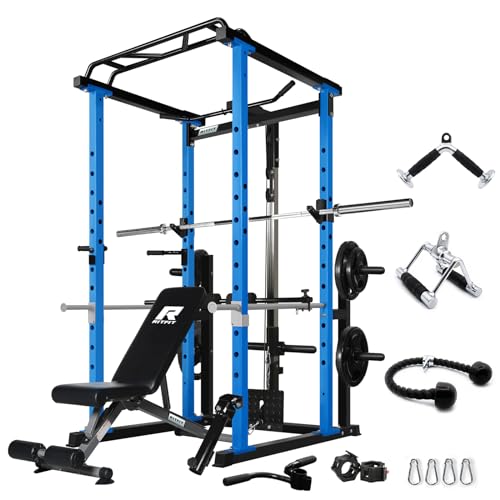 Image of RitFit Squat Rack Power Cage Home Gym Package, Includes 1000LBS Power Rack with LAT Pull Down, Weight Bench, Rubber /Bumper Plates Set with Olympic Barbell (Package 1.2K (Rubber Plate 140LBS))-Blue