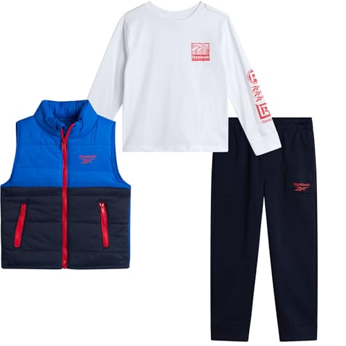 Reebok Toddler Boys 3-Piece Puffer Vest, Shirt & Fleece Jogger Set Athletic
