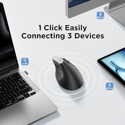 Image of Uineer Wireless Ergonomic Mouse, Bluetooth Mice (BT4.0 /5.0 and 2.4G) Rechargeable Vertical Mouse, 3 Multi-Device Connectivity for PC /Mac /Laptop /Computer, 4 DPI Quiet Clicks for Office, Home-Black