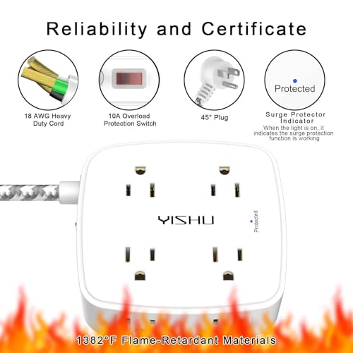 Image of Surge Protector Power Strip - YISHU 8 Outlets with 4 USB (2 USB C) Charging Ports, 6Ft Braided Extension Cord, Flat Plug Multi Plug Outlet Extender Charging Station for Home Office, ETL, White