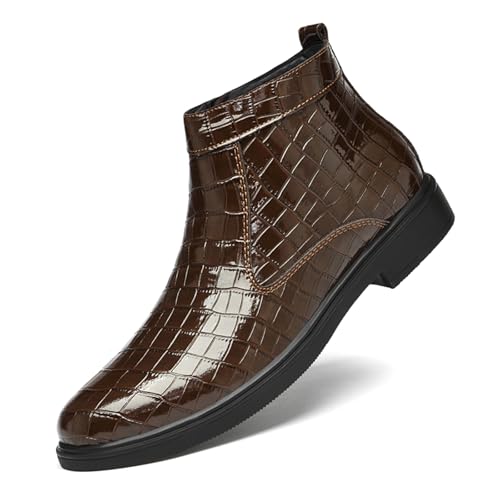 Men's Patent Leather Printing Chelsea Boots Warm Comfort Plush Lining Side Zipper Slip-On Classic Business Dress Boots Round Toe Low Heel Waterproof Casual Ankle Booties