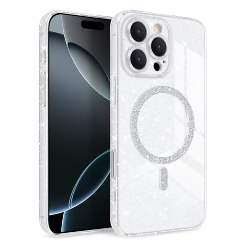 Newseego Glitter Clear Case for iPhone 16 Pro Max [Compatible with MagSafe], Magnetic Phone Case Girls Women Sparkly Bling Slim Shockproof Camera Protection Bumper Cover for iPhone 16 Pro Max-White