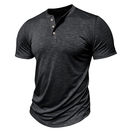 Zylphorix Men Solid Short Sleeve Henry Shirts Quarter Button Round Collar T Shirt Summer Street Outdoor Daily Pullover (Black,Small)