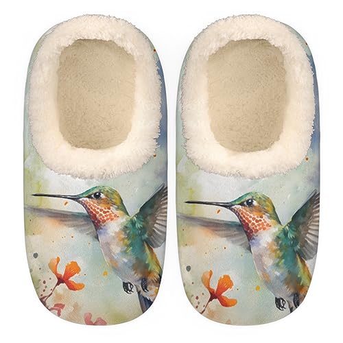 Watercolor Hummingbird Slippers for Women Men, Spring Flower House Slippers Socks Warm Fuzzy Memory Foam Indoor Slippers Lightweight Cozy Anti-Skid Closed Back Home Shoes, Medium