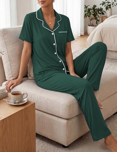 Image of ZMJ Womens Pajamas Sets 2 Piece Button Up Pj Sets Short Sleeve with Long Pant