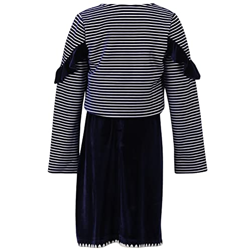 Image of Cutecumber Girls Velvet Solid Navy Dress with Velvet Striped Short Jacket. CC5661D-NAVY