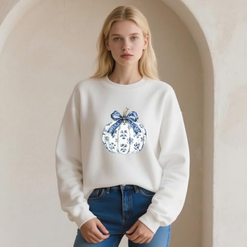 Blue Floral Pumpkin Sweatshirt Chinoiserie Pumpkin Season Sweatshirt3