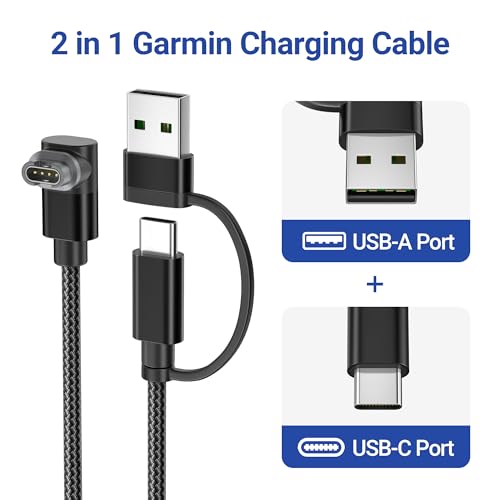 Image of Itramax 2-in-1 Charger Cable for Garmin Watch 4FT 1Pack,Charging Power Cord for Garmin Fenix 8 E 7 7X 7S 6 5 5X 5S Solar,Forerunner 965 945 935 255 165 Music,Venu X1 4 3 3S 2S 2 SQ,Epix Pro Gen 2