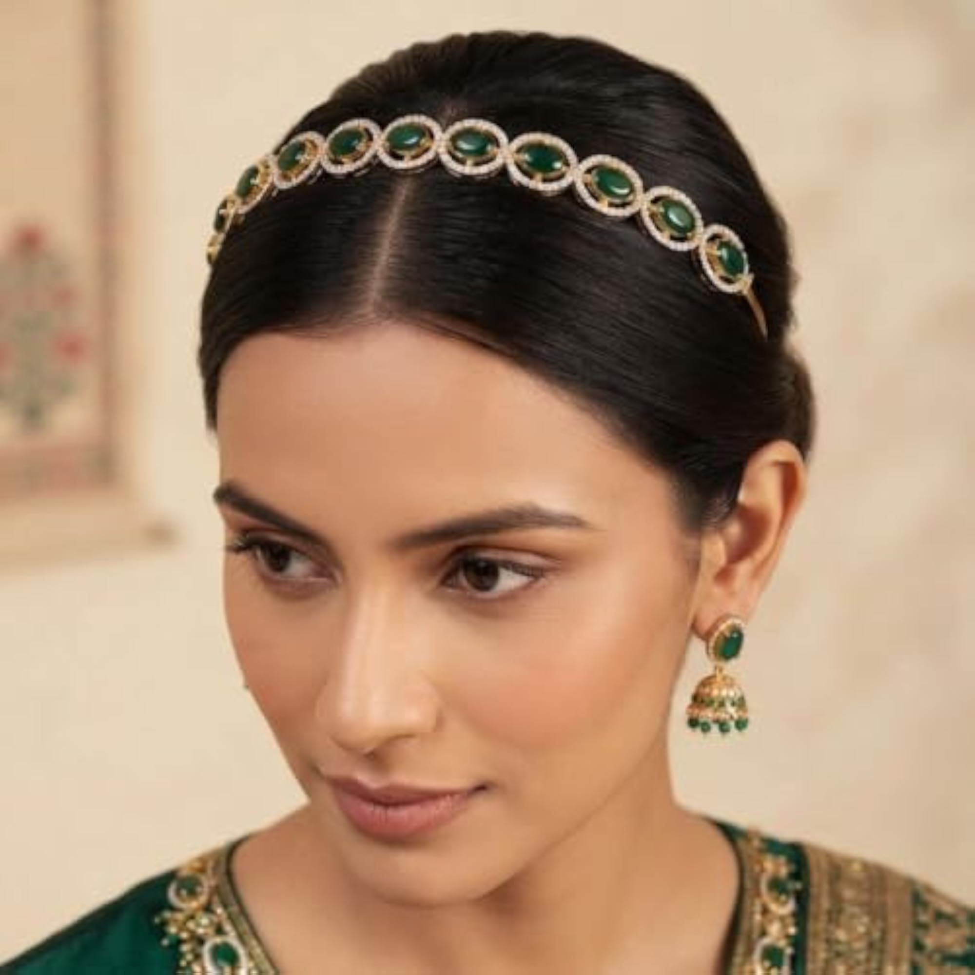 Traditional Kundan Mathapatti with Emerald Green Stones