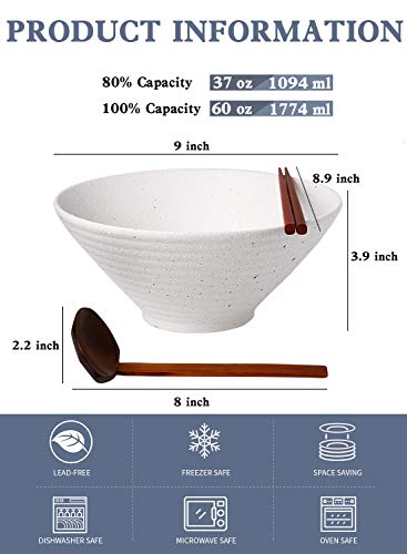 Kanwone Ceramic Japanese Ramen Bowl Set, Soup Bowls - 60 Ounce, With Matching Spoons And Chopsticks For Udon Soba Pho Asian Noodles, Set Of 2, White #TOP1