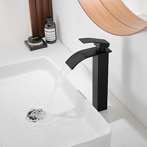 Besy Black Waterfall Spout Bathroom Faucet, Tall Single Handle Bathroom Vessel Sink Faucet, Rv Lavatory Vessel Faucet Basin Mixer Tap, Solid Brass/Matte Black #TOP6