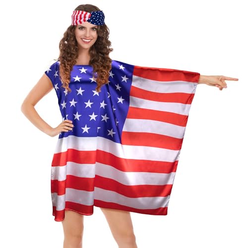 Plus Size American Flag Stars Stripes Dress and Headband 4th of July Patriotic Dress Outfits for Women Independence Day Flag Sleeveless Dress Hairband for 250th Anniversary Memorial Day Costume