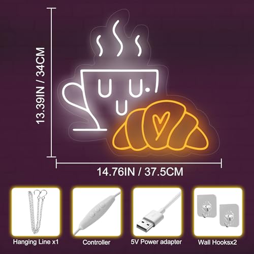 Image of Coffee & Croissant LED Neon Sign,Bakery Shop Bakery Decoration Neon Light coffee Cup Home Bar Wall Decor Croissant Lover Gift For Family Party Bedroom Restaurant Bar Birthday