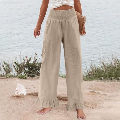 Image of Women Linen Pants Dressy Casual Summer Boho Ruffle Hem Wide Leg Cropped Pants Smocked High Waisted Palazzo Pant