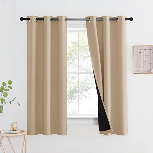 NICETOWN Room Warming Curtain, Bedroom Full Blackout Panel, Super Thick Insulated Window Cover, Complete Blackout Drapery with Black Liner for Short Window(Biscotti Beige, 1 PC, 42 by 63-inc