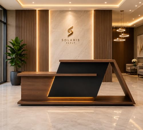 Image of Modern Designer Reception Desk for Office, Salon & Clinic | Luxury Geometric Reception Counter Table with Accent | Particle Board Front Desk - (RCT-013 LPB L6W2)