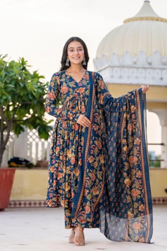 Image of MEERA FAB Women's Cotton Blend V-Neck Anarkali Printed Kurta with Palazzo & Dupatta