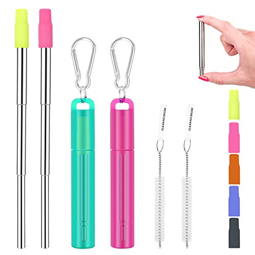 2 Pack Reusable Portable Metal Straws, Fomuson Telescopic Foldable Stainless-Steel Drinking Straw with Case and Cleaning Brush Carabiner for Coffee Juice Smoothie Milkshake BPA Free (Green, Pink)