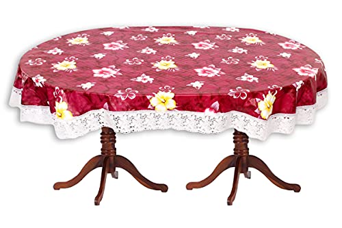 Image of The Furnishing Tree Waterproof PVC Oval Shaped 10 Seater Table Cover WxL 60x120 inches Floral Pattern Red with White Border lace