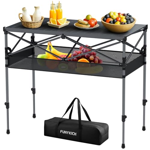 FUNYKICH Folding Camping Table(100x50cm), Aluminum Roll-up Portable Picnic Table with 2 Adjustable Height, Large Storage and Carrying Bag for Picnic, Camping, BBQ, Party, Backyard, Beach