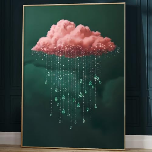 Mastraxin Pink Cloud Wall Art Dark Green Artwork Cloudy Sky Painting Moody Abstract Cloudy Wall Art Rain Cloudy Poster Green Cloud Painting Vintage Sky Wall Prints Livingroom Bedroom 16x24in Unframed