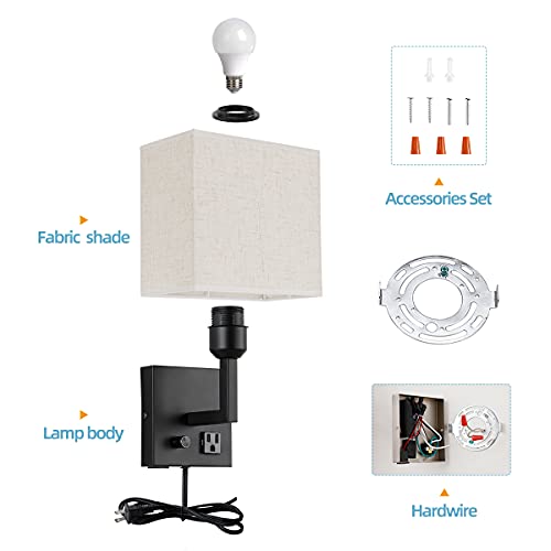 Plug In Wall Sconce, Bedside Wall Lamp With Plug And Dimmable Switch, With Usb Charging Port And Socket, Suitable For Hotel, Corridor, Living Room And Bedroom Wall Light (Black) #TOP4