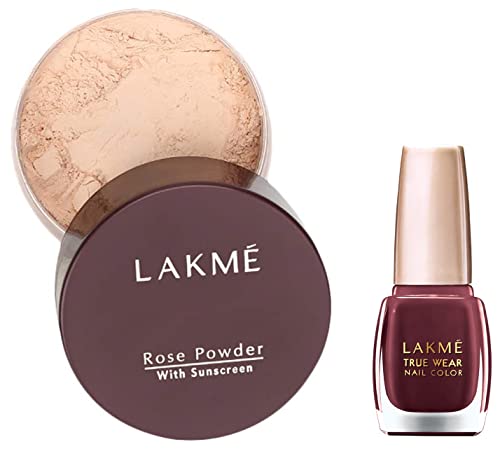 Image of Lakme Rose Face Powder, Soft Pink, 40g & Lakme True Wear Nail Polish, Reds and Maroons 401, Long Lasting Gel Nail Paint for Women - Glossy Finish, Chip Resistant Nails, 9 ml