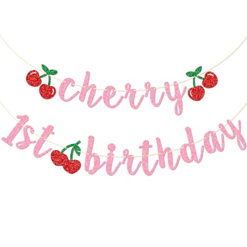 Firefairy Banner zum 1. Geburtstag mit Kirsche, vorbespannte Kirsche für den ersten Geburtstag, Dekoration zum ersten Geburtstag, Kirschmotiv für Baby Mädchen (Rosa)